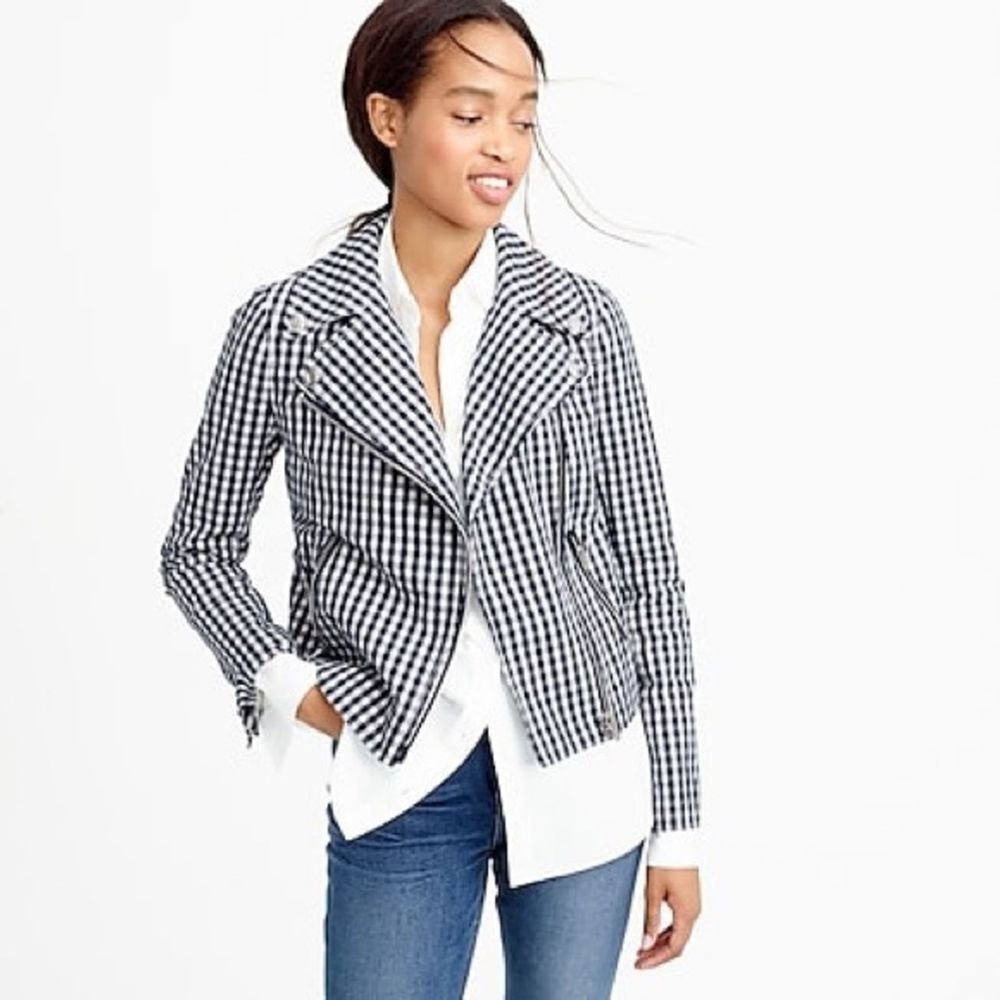 J CREW Navy Gingham Zippered Motorcycle Jacket | 6